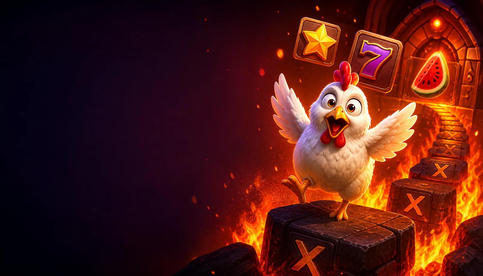 Vibrant Chicken Road casino hero banner with slot-themed visuals on right side and smooth background on left side.