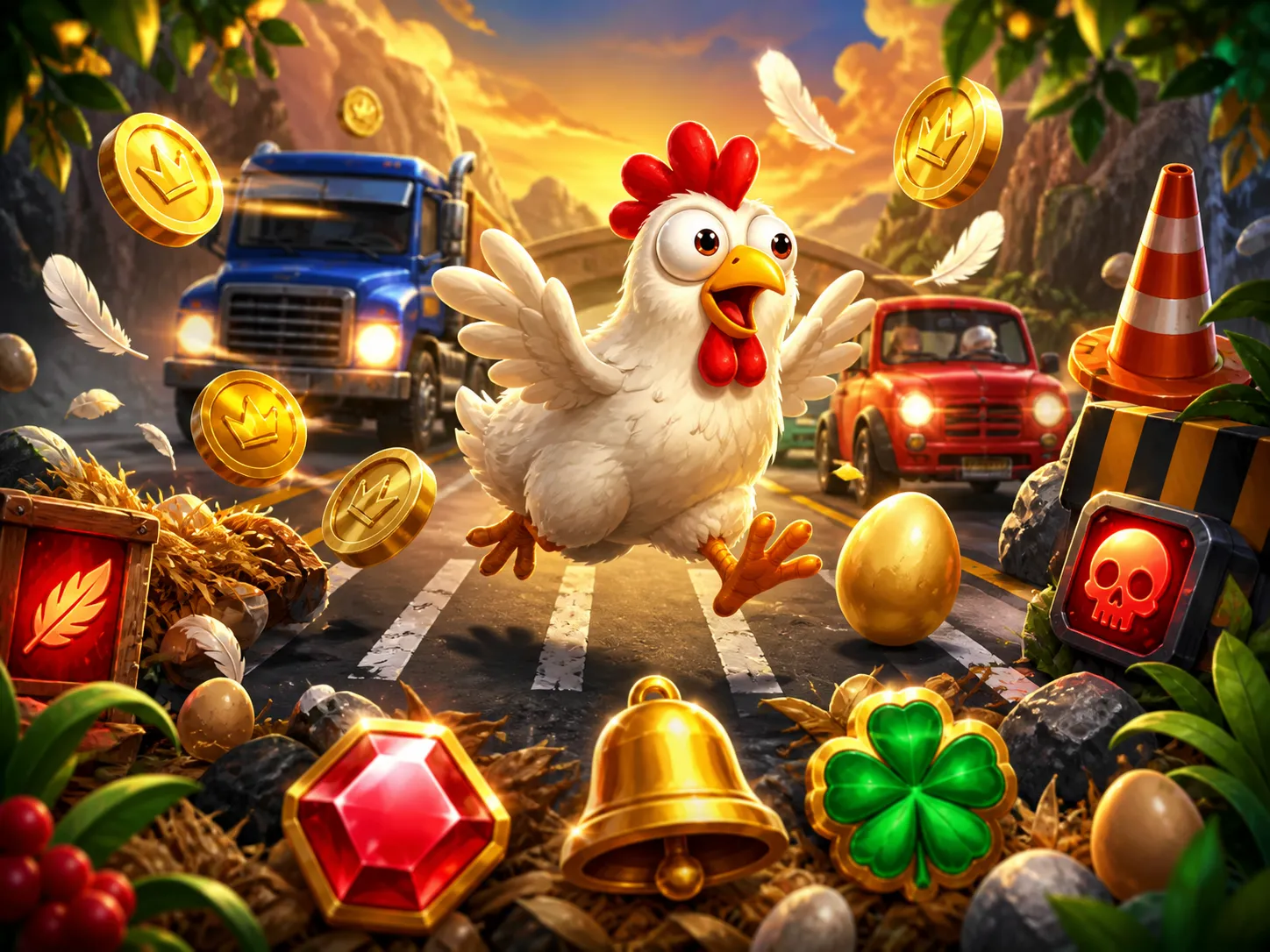 Cartoonish chicken dodging traffic on a colorful road in a vibrant slot game world.