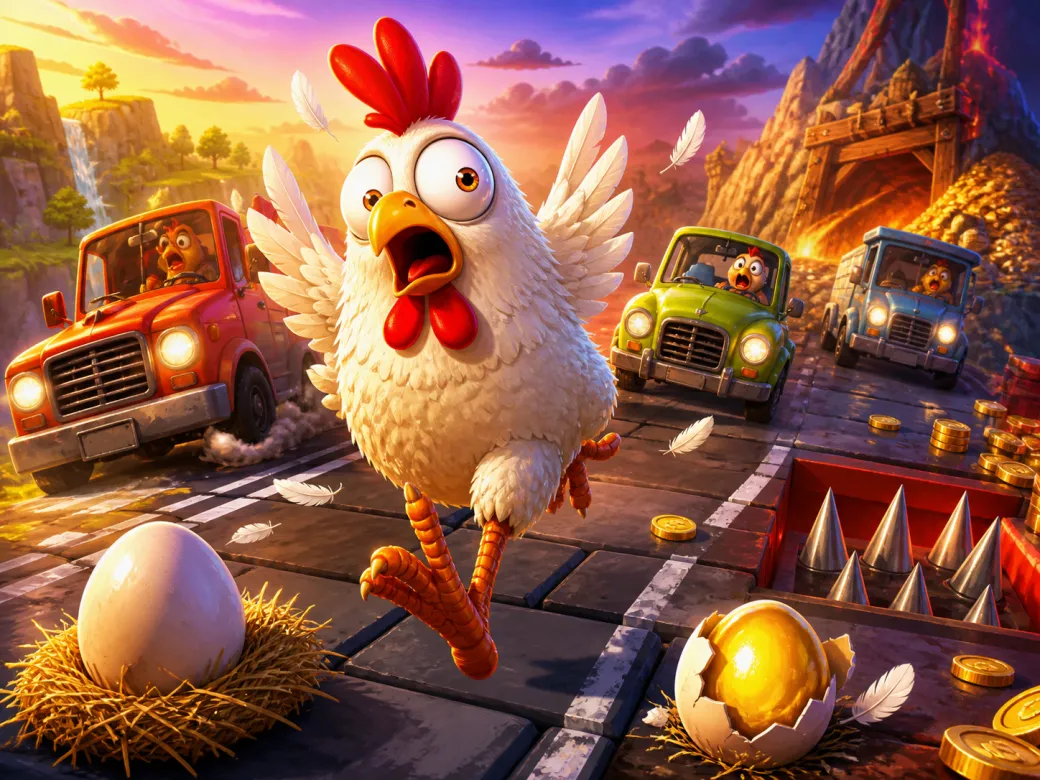 Chicken Road slot game art with funny chicken character on a colorful road with traffic lanes and scattered feathers, creatin