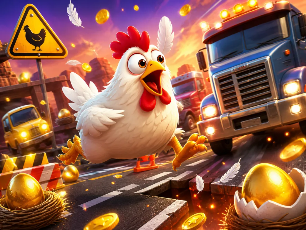 Colorful and dynamic artwork featuring a cartoon chicken navigating a busy road with eggs and feathers flying amidst playful 