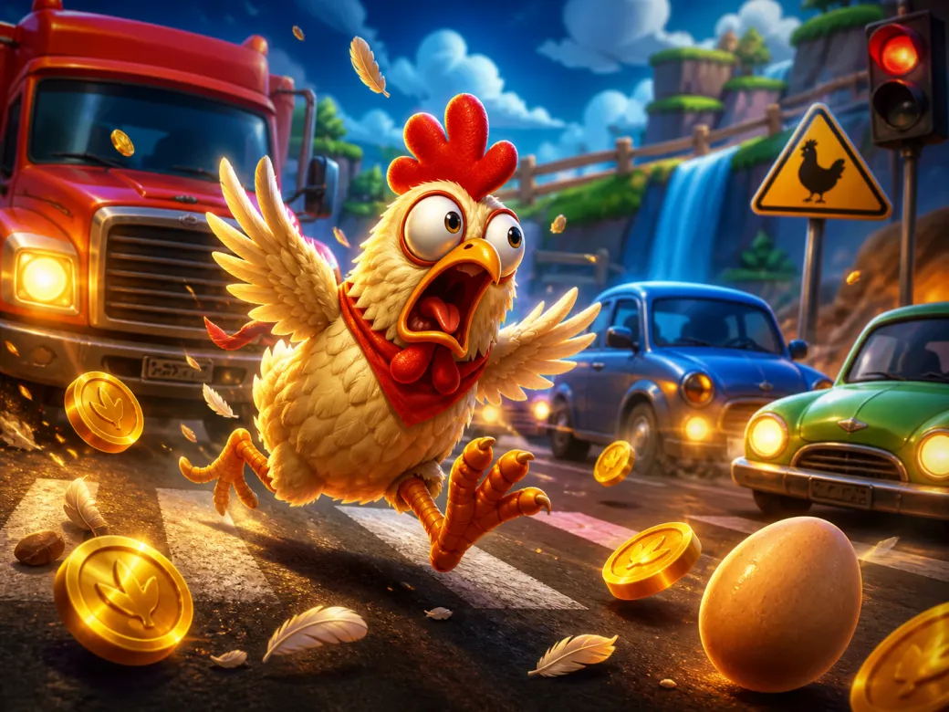 Promotional artwork for Chicken Road slot game featuring a humorous chicken character navigating a road with playful danger e